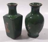 Vintage Asahi Japan Peacock and Flower Themed Green Miniature 3 3/4" Bud Vases Set of 2