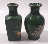 Vintage Asahi Japan Peacock and Flower Themed Green Miniature 3 3/4" Bud Vases Set of 2