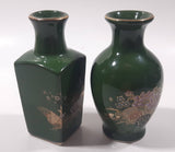 Vintage Asahi Japan Peacock and Flower Themed Green Miniature 3 3/4" Bud Vases Set of 2
