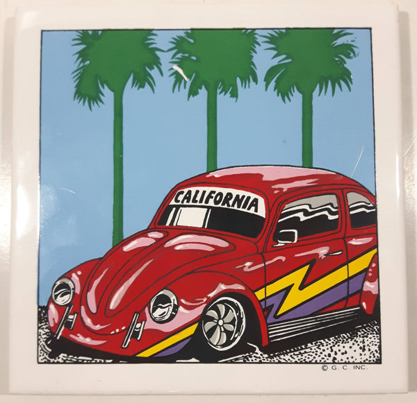 Vintage G. C. Inc California Palm Tree Scene Volkswagen Beetle Red with Purple and Yellow 5 7/8" x 5 7/8" Ceramic Tile Trivet