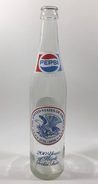 Vintage 1976 Pepsi Cola 16 Fl oz United States of America Bi-Centennial 1776 to 1976 11" Tall Clear Glass Bottle 200 Years of People Feelin' Free