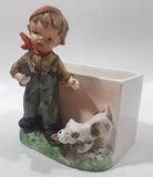 Vintage Farm Boy with White Brown Spotted Dog Porcelain Planter Memo Notepad Holder