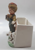 Vintage Farm Boy with White Brown Spotted Dog Porcelain Planter Memo Notepad Holder