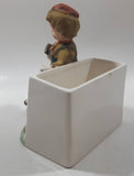 Vintage Farm Boy with White Brown Spotted Dog Porcelain Planter Memo Notepad Holder