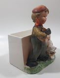 Vintage Farm Boy with White Brown Spotted Dog Porcelain Planter Memo Notepad Holder