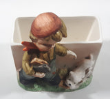 Vintage Farm Boy with White Brown Spotted Dog Porcelain Planter Memo Notepad Holder