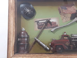 Vintage Firemen Fireighters Firefighting Wood Cased Shadow Box