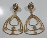 Clear Sparkling Rhinestone Concentric Rounded Corner Triangles Gold Tone Metal Clip On Earrings