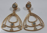 Clear Sparkling Rhinestone Concentric Rounded Corner Triangles Gold Tone Metal Clip On Earrings
