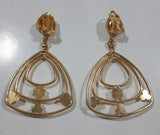 Clear Sparkling Rhinestone Concentric Rounded Corner Triangles Gold Tone Metal Clip On Earrings