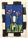 Handpainted Purple Pink Flowers Black and White Checkers Border Ceramic Light Switch Cover