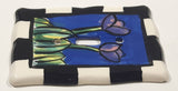 Handpainted Purple Pink Flowers Black and White Checkers Border Ceramic Light Switch Cover