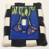 Handpainted Purple Pink Flowers Black and White Checkers Border Ceramic Light Switch Cover