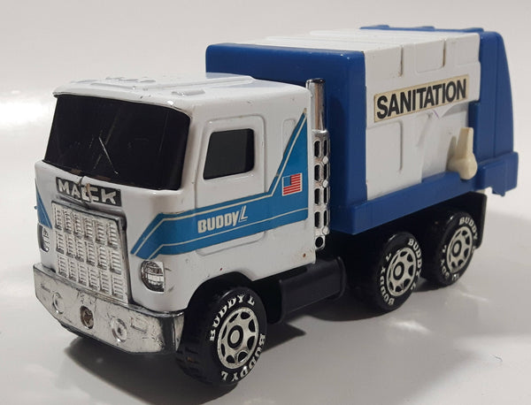Vintage 1980 Buddy L Mack Sanitation Dump Truck White and Blue Pressed Steel and Plastic Toy Car Vehicle Made in Macau