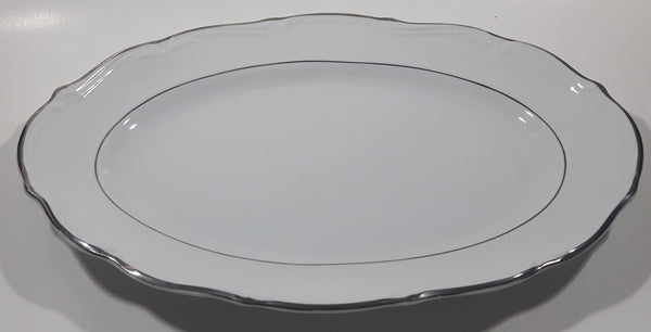 Vintage Walbrzych Silver Trimmed Embossed White Platter China Dish 8 1/2" x 13" Made in Poland
