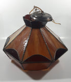 Vintage Brown and Orange Leaded Slag Stained Glass Swag Hanging Light Fixture 12" Diameter