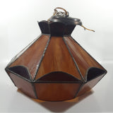 Vintage Brown and Orange Leaded Slag Stained Glass Swag Hanging Light Fixture 12" Diameter