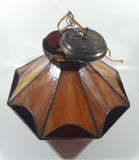 Vintage Brown and Orange Leaded Slag Stained Glass Swag Hanging Light Fixture 12" Diameter