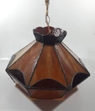 Vintage Brown and Orange Leaded Slag Stained Glass Swag Hanging Light Fixture 12" Diameter