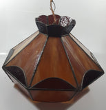 Vintage Brown and Orange Leaded Slag Stained Glass Swag Hanging Light Fixture 12" Diameter