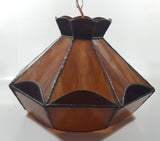 Vintage Brown and Orange Leaded Slag Stained Glass Swag Hanging Light Fixture 12" Diameter