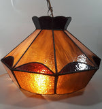 Vintage Brown and Orange Leaded Slag Stained Glass Swag Hanging Light Fixture 12" Diameter