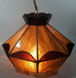 Vintage Brown and Orange Leaded Slag Stained Glass Swag Hanging Light Fixture 12" Diameter