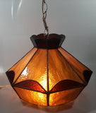 Vintage Brown and Orange Leaded Slag Stained Glass Swag Hanging Light Fixture 12" Diameter