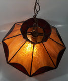 Vintage Brown and Orange Leaded Slag Stained Glass Swag Hanging Light Fixture 12" Diameter