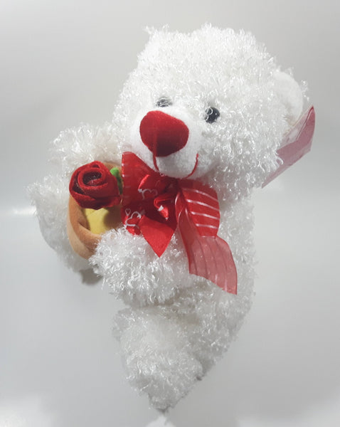 White Teddy Bear Holding Rose in a Flower Pot 11" Tall Toy Stuffed Animal Plush