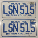 Matching Set of 1978 Beautiful British Columbia White with Blue Letters Vehicle License Plate LSN 515
