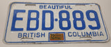 1972 Beautiful British Columbia White with Blue Letters Vehicle License Plate EBD 889