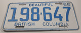 1966 Beautiful British Columbia White with Light Blue Letters Vehicle License Plate 198 647