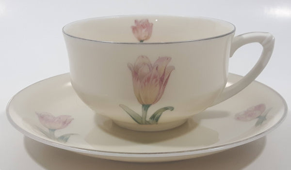 Czechoslovakia Cream with Pink Tulip Flower Themed Silver Trim Fine China Tea Cup and Saucer Set