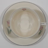 Czechoslovakia Cream with Pink Tulip Flower Themed Silver Trim Fine China Tea Cup and Saucer Set