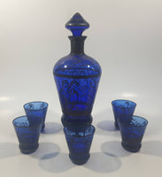 Antique 19th Century Cobalt Blue Decanter set with Decorative Silver Motif