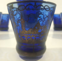 Antique 19th Century Cobalt Blue Decanter set with Decorative Silver Motif