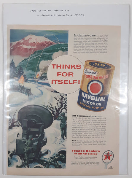Vintage 1956 Havoline Motor Oil Mortar Radar "Thinks For Itself" 9 7/8" X 13 1/8" Paper Advertisement