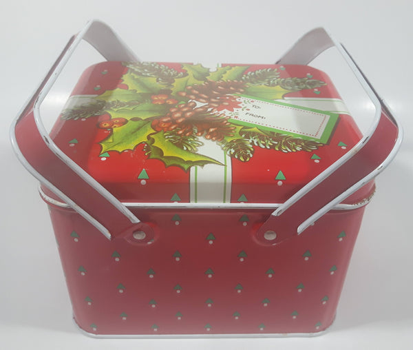 Christmas Present Gift Themed Red Tin Metal Container with Handles