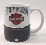 Harley Davidson Motor Cycles White Ceramic and Black Leather 4" Tall Coffee Mug Cup