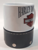 Harley Davidson Motor Cycles White Ceramic and Black Leather 4" Tall Coffee Mug Cup