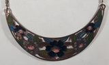 Vintage Crescent Shaped Cloisonne Enamel Painted Flower Design Copper Tone 16" Long Metal Necklace
