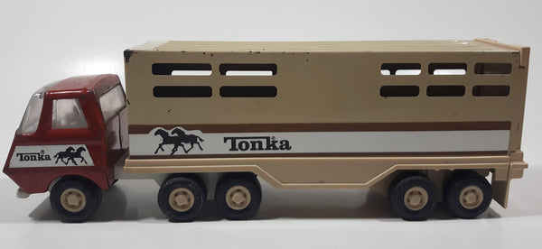 Vintage Tonka Semi Truck Livestock Horse Cattle Trailer Brown Red and Beige Pressed Steel Die Cast Toy Car Vehicle