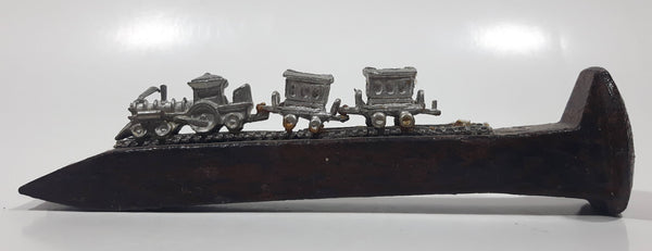 Vintage Railroad Spike with Metal Train Cars On Track 6 3/4" Long
