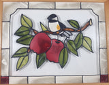 Open Windows Salida, Colorado Chickadee Song Bird On Apple Tree Branch Stained Glass Wood Framed Window 13 1/2" x 16 1/4"