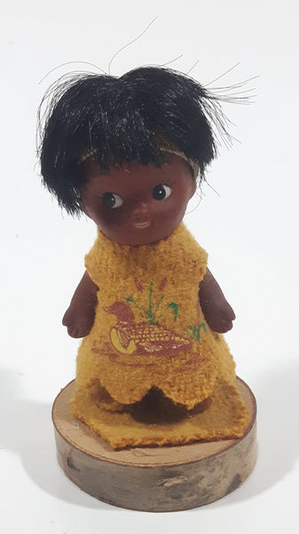 Vintage Aboriginal Native 3 3/4" Tall Loon Bird Themed Doll On Wood Tree Slice Stand