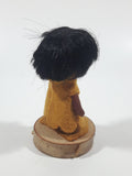 Vintage Aboriginal Native 3 3/4" Tall Loon Bird Themed Doll On Wood Tree Slice Stand