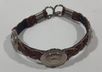 Western Braided Brown Leather Cowboy Themed 7" Long Metal Bracelet