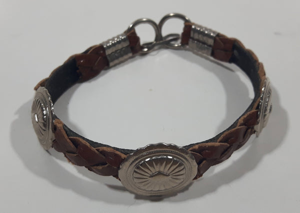 Western Braided Brown Leather Cowboy Themed 7" Long Metal Bracelet