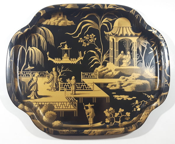 Vintage Worcester Ware Oriental Design Black Lacquered Heavy Metal Serving Tray